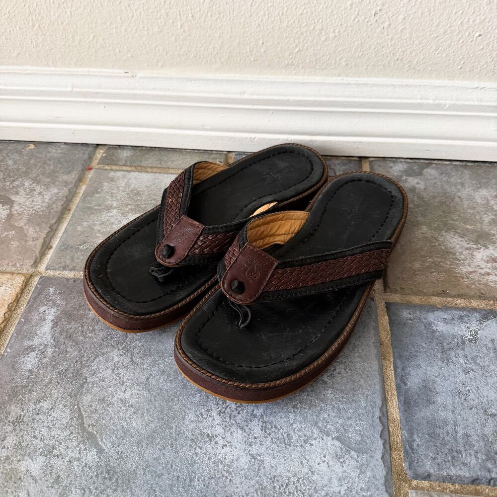 Tommy Bahama Anchors Away Leather Flip Flops Black Brown Woven Mens 8